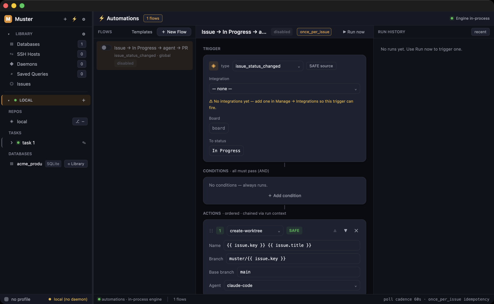 Turn an issue into a shipped PR — Trigger → condition → action flows: an issue moves to In Progress, Muster spins up a worktree, runs the agent, and opens the PR — with variables drawn from the issue itself.