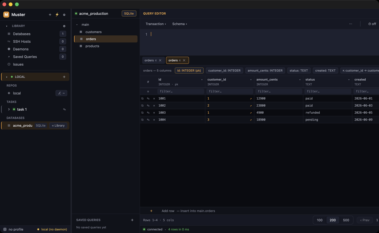 Query, browse, and edit any database — Postgres, MySQL, SQLite, MongoDB, and Redis in one place — schema tree, query editor, results grid, and type-aware editing. Read-only by default until you say otherwise.