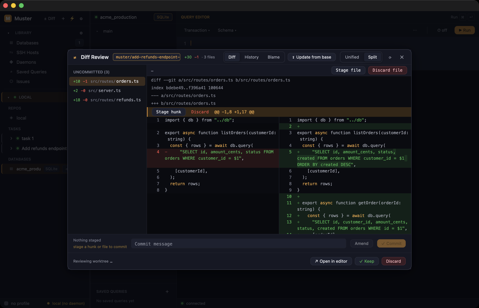 Review the agent's work, then ship it — Side-by-side diff with word-level highlights. Stage by hunk or line, discard, amend, or rebase onto base — then commit and open the PR without leaving the app.