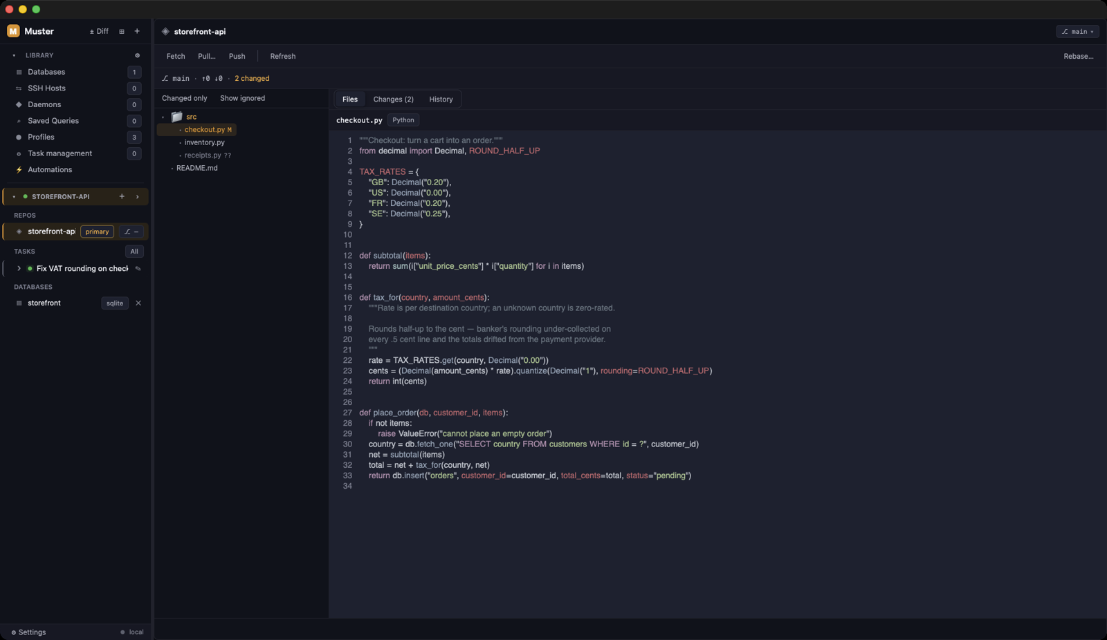 Muster's built-in editor: syntax highlighting and regex find-and-replace on a local or remote file