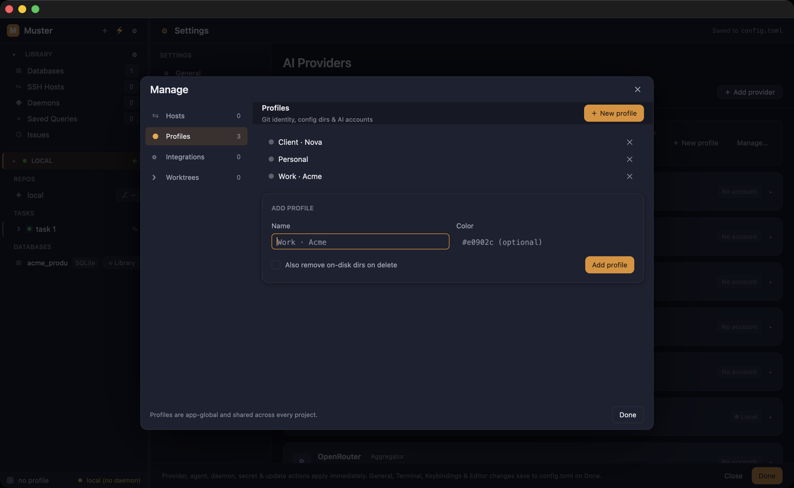 Separate identities, no bleed — Run work under isolated profiles — each a full sandbox with its own SSH keys, Git identity, GitHub login, and AI-CLI accounts. Personal, work, and client stay apart.
